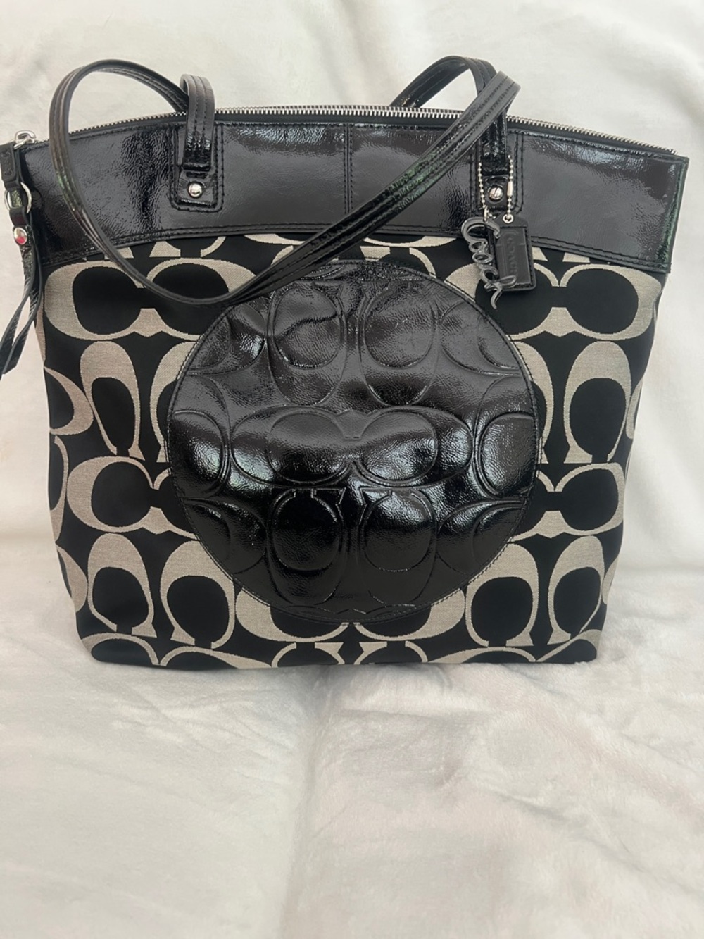 Coach Black and Cream Signature Canvas Tote with Patent Accent